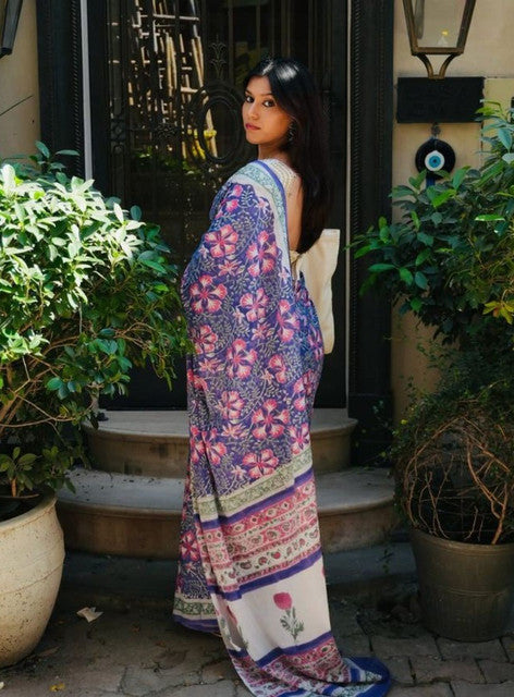 Generic Women's Linen Floral Printed Saree With Unstitched Blouse - 5.5 Mtr (Multicolor) - Design 2
