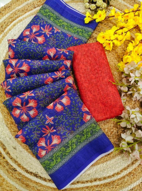 Generic Women's Linen Floral Printed Saree With Unstitched Blouse - 5.5 Mtr (Multicolor) - Design 2