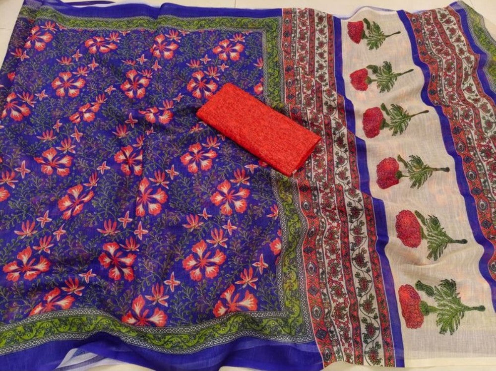 Generic Women's Linen Floral Printed Saree With Unstitched Blouse - 5.5 Mtr (Multicolor) - Design 2