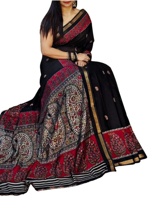 Generic Women's Linen Kalamkari Printed Saree With Unstitched Blouse - 5.5 Mtr (Black-Red)