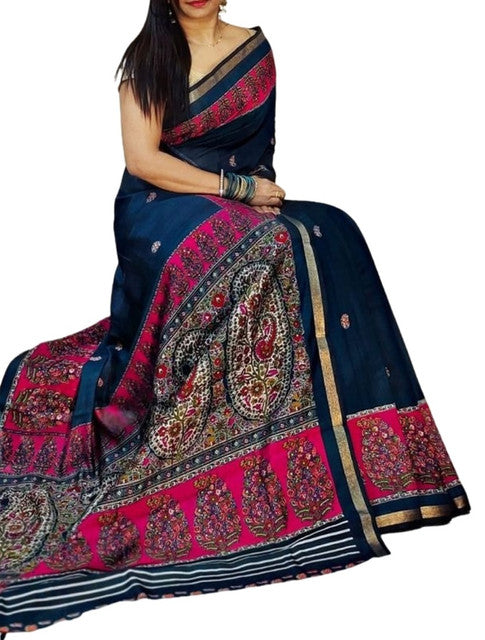 Generic Women's Linen Kalamkari Printed Saree With Unstitched Blouse - 5.5 Mtr (Navy Blue- Pink)