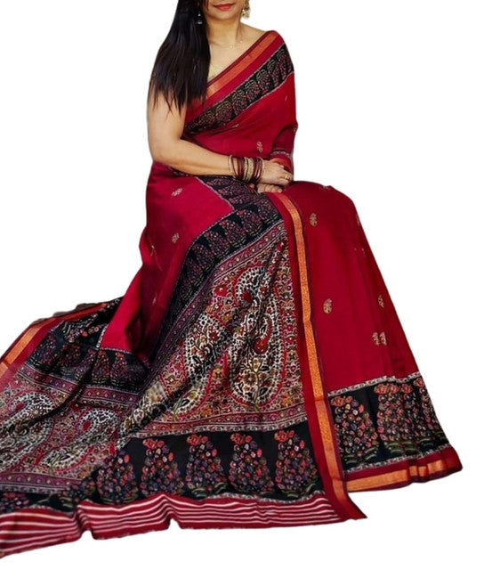 Generic Women's Linen Kalamkari Printed Saree With Unstitched Blouse - 5.5 Mtr (Red-Navy Blue)