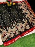 Generic Women's Linen Kalamkari Printed Saree With Unstitched Blouse - 5.5 Mtr (Black-Red) - Design 2