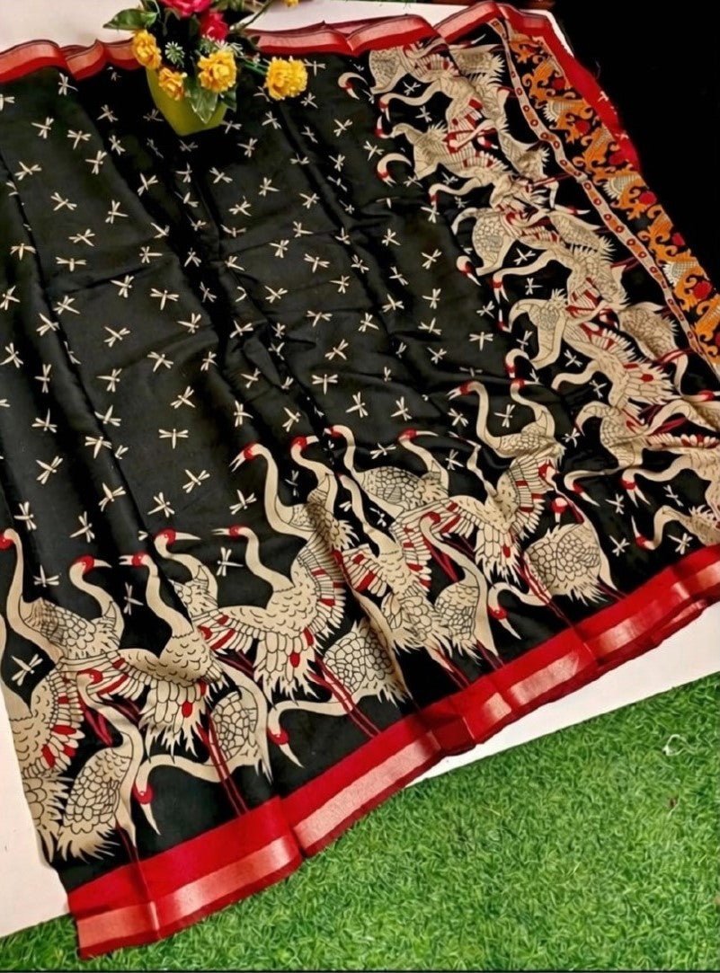 Generic Women's Linen Kalamkari Printed Saree With Unstitched Blouse - 5.5 Mtr (Black-Red) - Design 2
