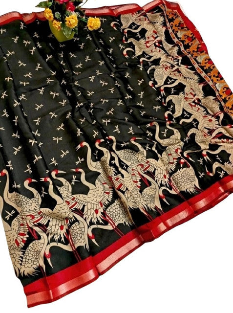 Generic Women's Linen Kalamkari Printed Saree With Unstitched Blouse - 5.5 Mtr (Black-Red) - Design 2