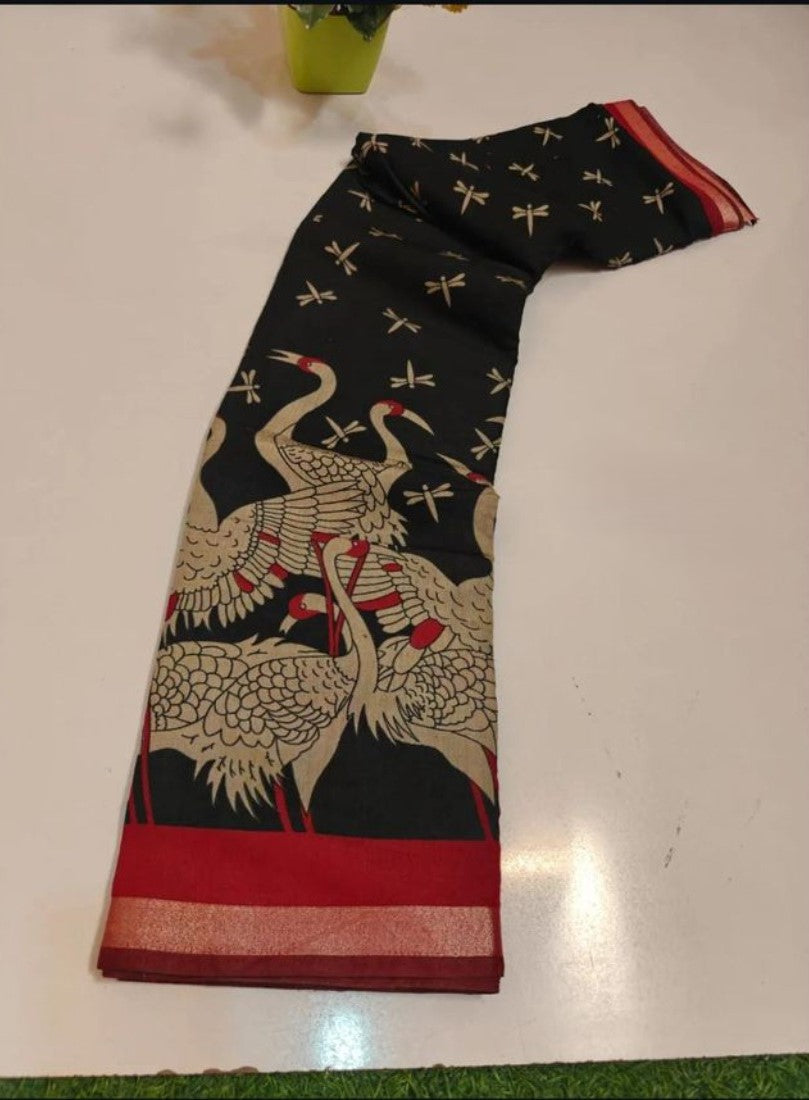 Generic Women's Linen Kalamkari Printed Saree With Unstitched Blouse - 5.5 Mtr (Black-Red) - Design 2