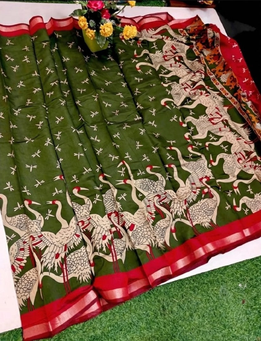 Generic Women's Linen Kalamkari Printed Saree With Unstitched Blouse - 5.5 Mtr (Olive Green-Red)