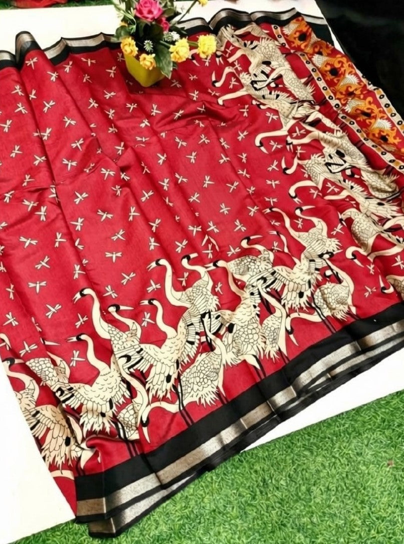 Generic Women's Linen Kalamkari Printed Saree With Unstitched Blouse - 5.5 Mtr (Red-Black)