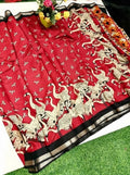 Generic Women's Linen Kalamkari Printed Saree With Unstitched Blouse - 5.5 Mtr (Red-Black)