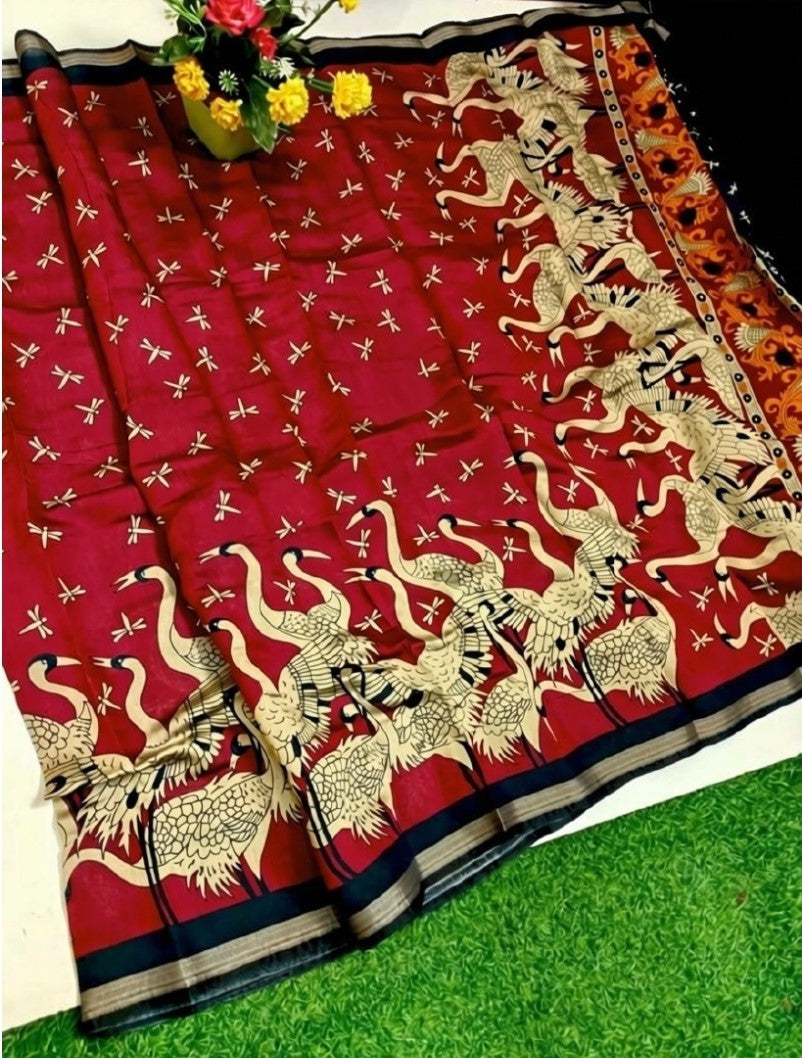 Generic Women's Linen Kalamkari Printed Saree With Unstitched Blouse - 5.5 Mtr (Red-Navy Blue) - Design 2