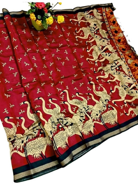 Generic Women's Linen Kalamkari Printed Saree With Unstitched Blouse - 5.5 Mtr (Red-Navy Blue) - Design 2