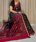 Generic Women's Linen Printed Saree With Unstitched Blouse - 5.5 Mtr (Black-Pink) - Design 2