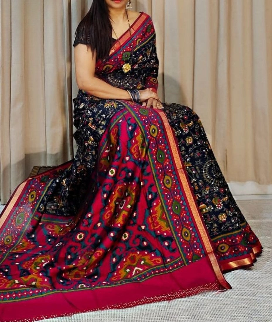 Generic Women's Linen Printed Saree With Unstitched Blouse - 5.5 Mtr (Black-Pink) - Design 2