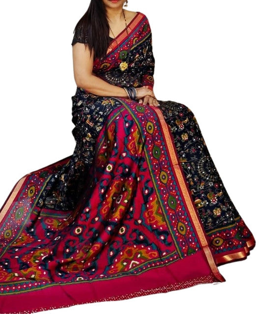 Generic Women's Linen Printed Saree With Unstitched Blouse - 5.5 Mtr (Black-Pink) - Design 2