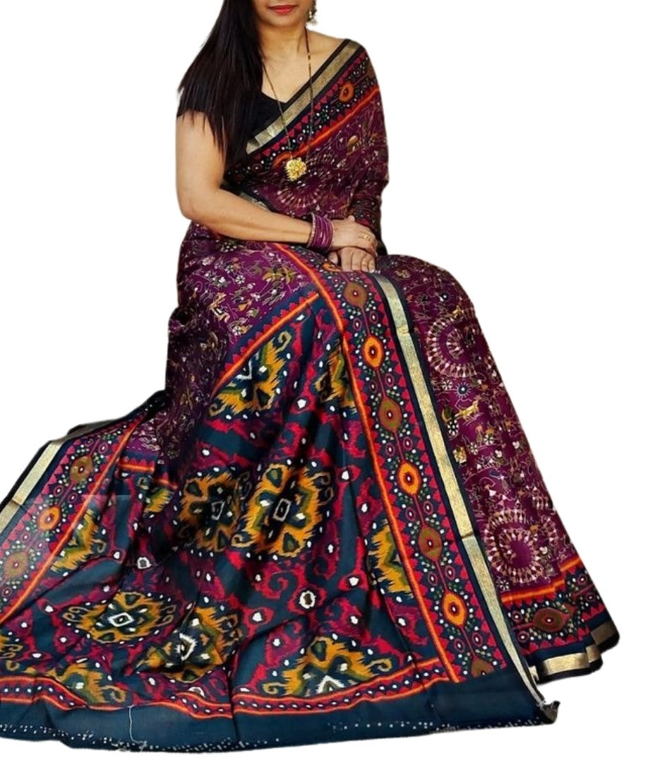 Generic Women's Linen Printed Saree With Unstitched Blouse - 5.5 Mtr (Purple-Navy Blue)