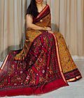 Generic Women's Linen Printed Saree With Unstitched Blouse - 5.5 Mtr (Mustard Yellow-Red)