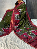 Generic Women's Linen Kalamkari Printed Saree With Unstitched Blouse - 5.5 Mtr (Olive Green-Maroon)