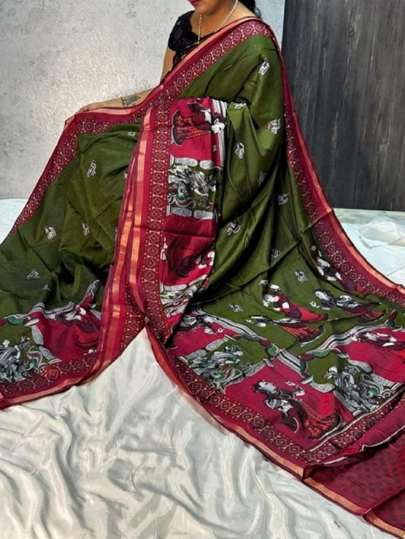 Generic Women's Linen Kalamkari Printed Saree With Unstitched Blouse - 5.5 Mtr (Olive Green-Maroon)