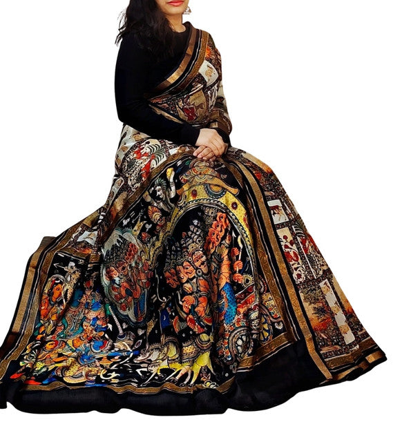 Generic Women's Linen Kalamkari Printed Saree With Unstitched Blouse - 5.5 Mtr (Multicolor) - Design 2