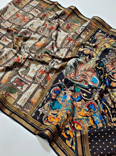 Generic Women's Linen Kalamkari Printed Saree With Unstitched Blouse - 5.5 Mtr (Multicolor) - Design 2