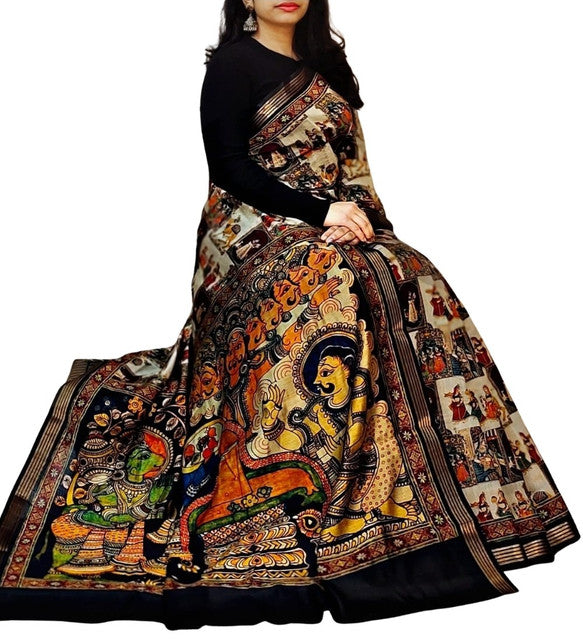 Generic Women's Linen Kalamkari Printed Saree With Unstitched Blouse - 5.5 Mtr (Multicolor) - Design 3