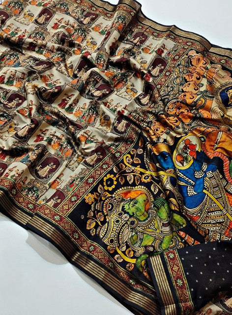 Generic Women's Linen Kalamkari Printed Saree With Unstitched Blouse - 5.5 Mtr (Multicolor) - Design 3