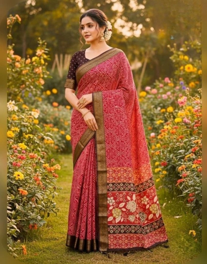 Generic Women's Linen Floral Printed Saree With Unstitched Blouse - 5.5 Mtr (Red) - Design 2