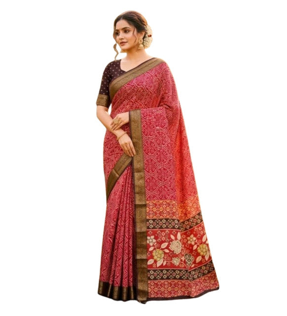 Generic Women's Linen Floral Printed Saree With Unstitched Blouse - 5.5 Mtr (Red) - Design 2