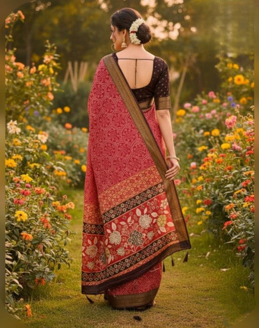 Generic Women's Linen Floral Printed Saree With Unstitched Blouse - 5.5 Mtr (Red) - Design 2