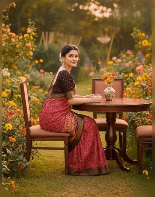 Generic Women's Linen Floral Printed Saree With Unstitched Blouse - 5.5 Mtr (Red) - Design 2
