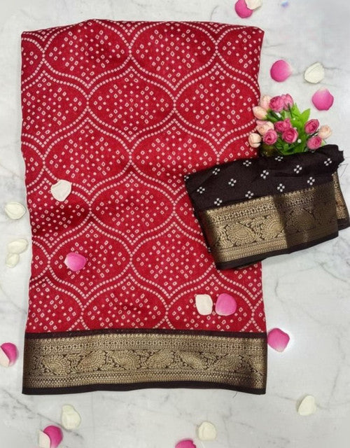 Generic Women's Linen Floral Printed Saree With Unstitched Blouse - 5.5 Mtr (Red) - Design 2