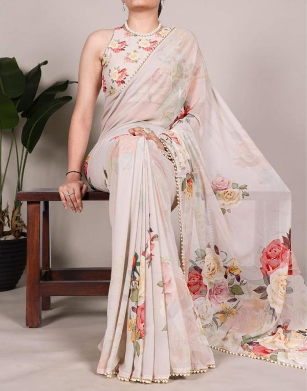 Generic Women's Georgette Floral Printed Saree With Unstitched Blouse - 5.5 Mtr (Beige)