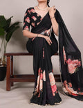Generic Women's Georgette Floral Printed Saree With Unstitched Blouse - 5.5 Mtr (Black)