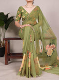 Generic Women's Georgette Floral Printed Saree With Unstitched Blouse - 5.5 Mtr (Green)