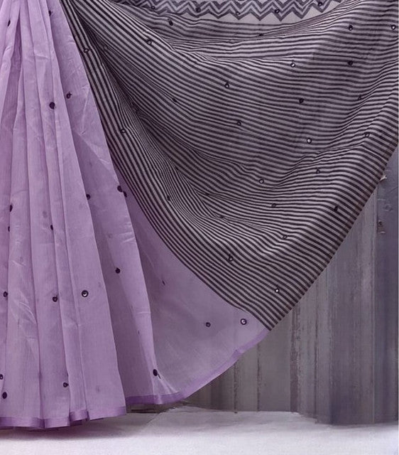 Generic Women's Linen Striped Saree With Unstitched Blouse - 5.5 Mtr (Purple)