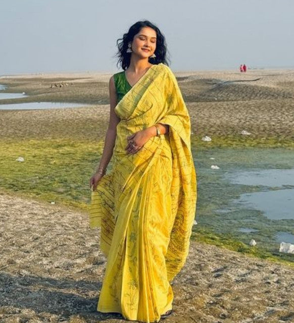 Generic Women's Linen Floral Printed Saree With Unstitched Blouse - 5.5 Mtr (Yellow) - Design 3