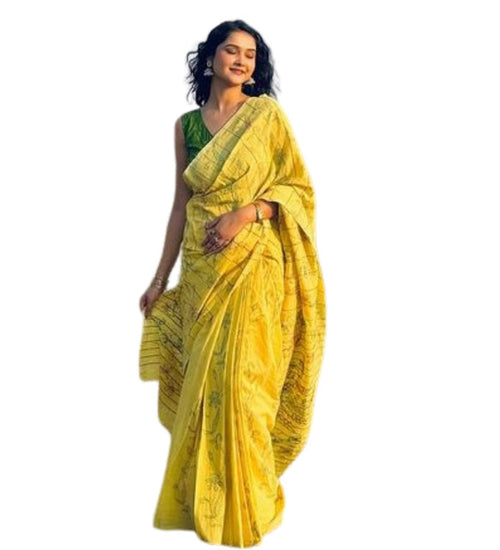 Generic Women's Linen Floral Printed Saree With Unstitched Blouse - 5.5 Mtr (Yellow) - Design 3