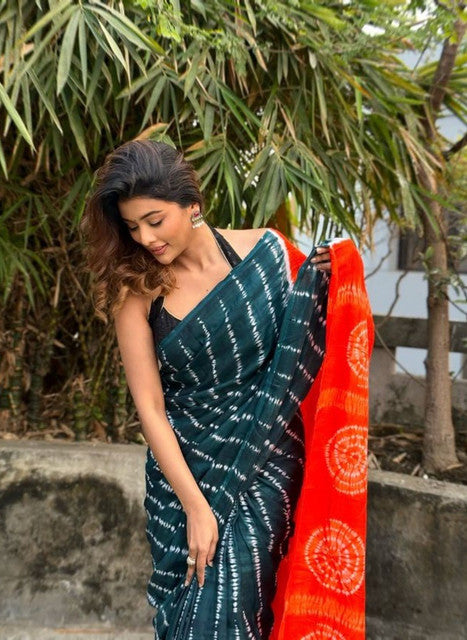 Generic Women's Linen Printed Saree With Unstitched Blouse - 5.5 Mtr (Teal-Orange)