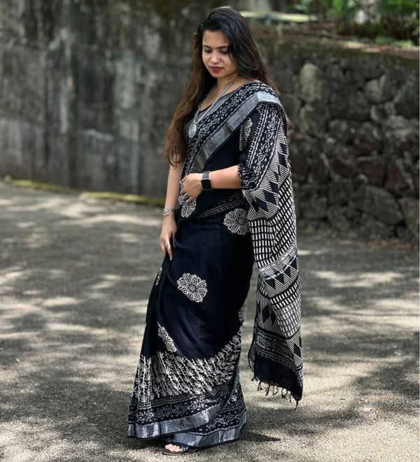 Generic Women's Linen Floral Printed Saree With Unstitched Blouse - 5.5 Mtr (Black) - Design 3