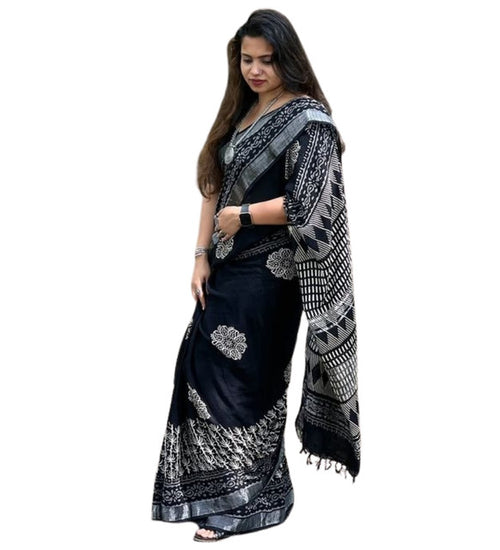 Generic Women's Linen Floral Printed Saree With Unstitched Blouse - 5.5 Mtr (Black) - Design 3
