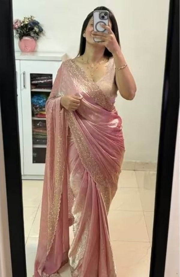 Generic Women's Fendy Chiffon Embellished Saree With Unstitched Blouse - 5.5 Mtr (Peach)
