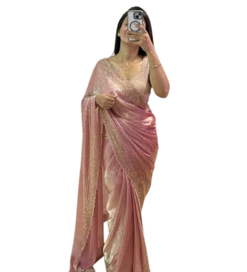 Generic Women's Fendy Chiffon Embellished Saree With Unstitched Blouse - 5.5 Mtr (Peach)
