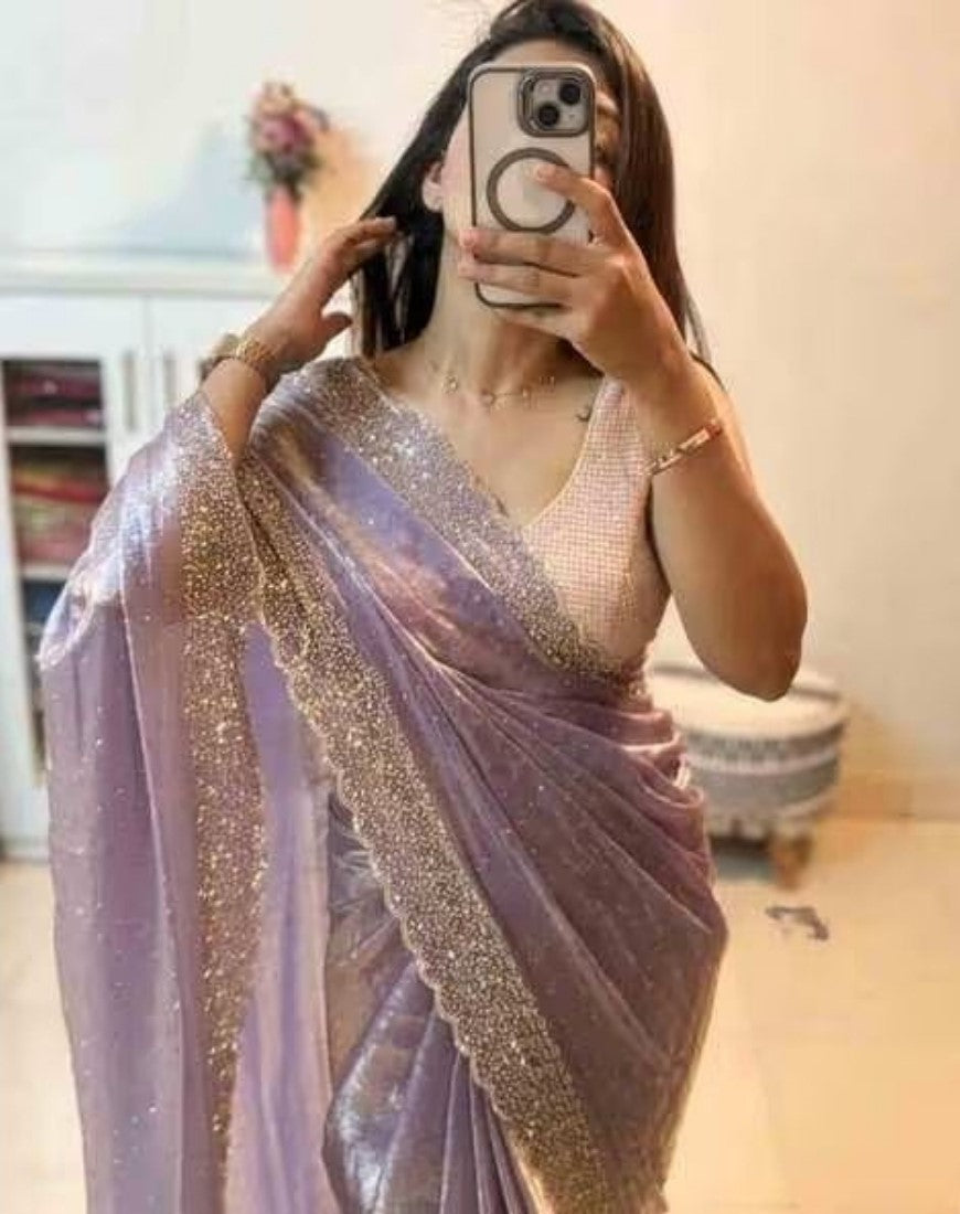 Generic Women's Fendy Chiffon Embellished Saree With Unstitched Blouse - 5.5 Mtr (Lavender)