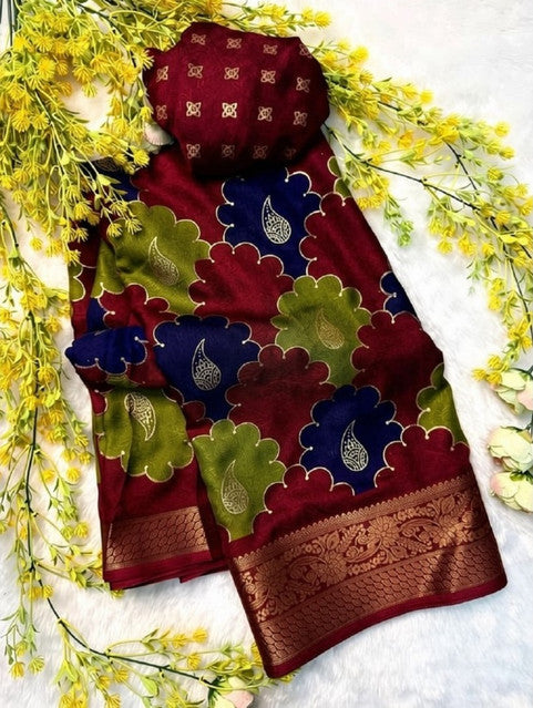 Generic Women's Dola Silk Kalamkari Floral Printed Saree With Unstitched Blouse - 5.5 Mtr (Multicolor) - Design 2