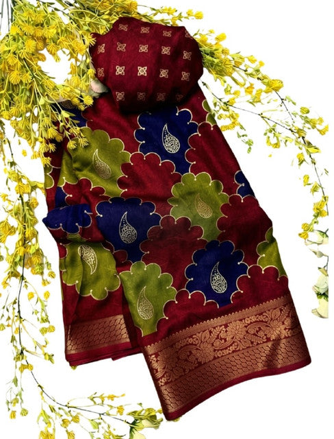 Generic Women's Dola Silk Kalamkari Floral Printed Saree With Unstitched Blouse - 5.5 Mtr (Multicolor) - Design 2