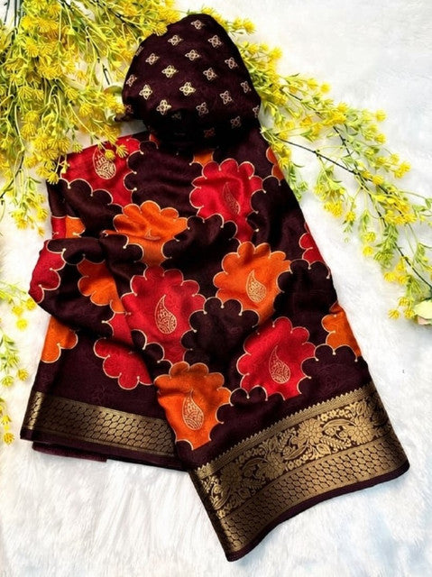 Generic Women's Dola Silk Kalamkari Floral Printed Saree With Unstitched Blouse - 5.5 Mtr (Multicolor) - Design 3