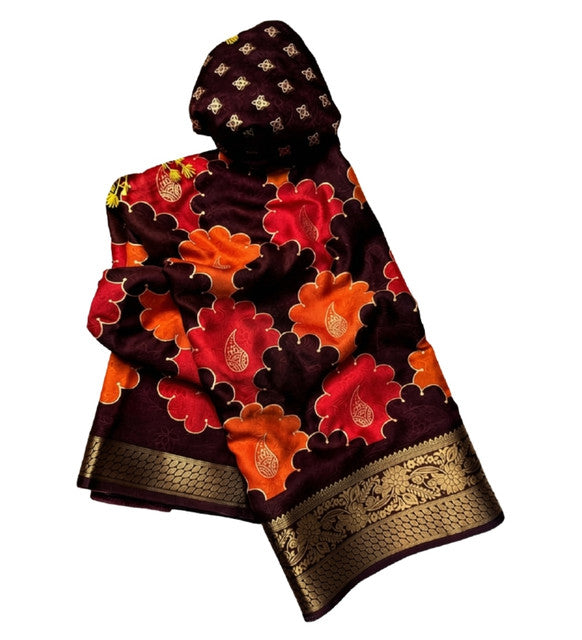 Generic Women's Dola Silk Kalamkari Floral Printed Saree With Unstitched Blouse - 5.5 Mtr (Multicolor) - Design 3