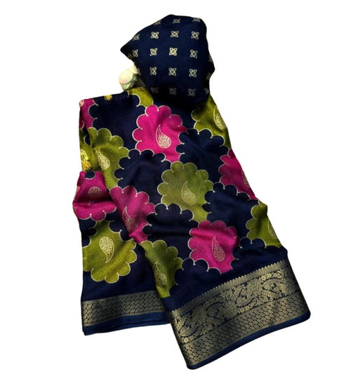 Generic Women's Dola Silk Kalamkari Floral Printed Saree With Unstitched Blouse - 5.5 Mtr (Multicolor) - Design 4