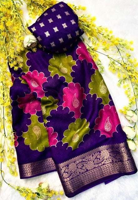 Generic Women's Dola Silk Kalamkari Floral Printed Saree With Unstitched Blouse - 5.5 Mtr (Multicolor) - Design 5