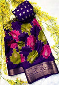 Generic Women's Dola Silk Kalamkari Floral Printed Saree With Unstitched Blouse - 5.5 Mtr (Multicolor) - Design 5